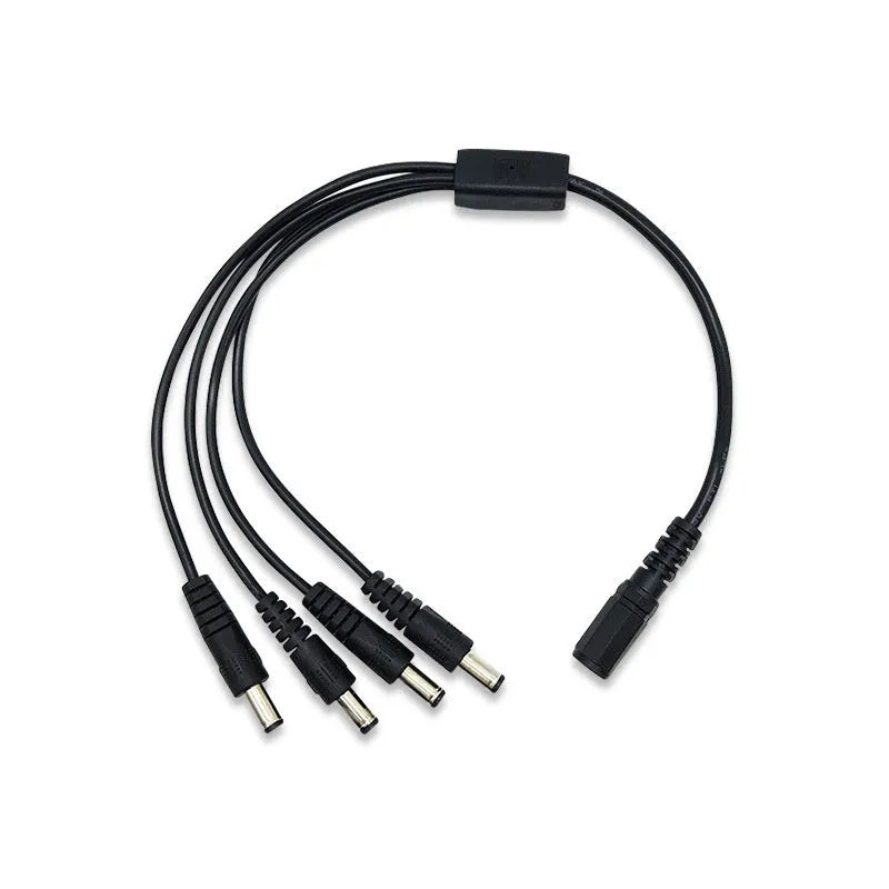 Black DC monitoring power cord with one-in-four interface and 5.5mm connectors for security systems