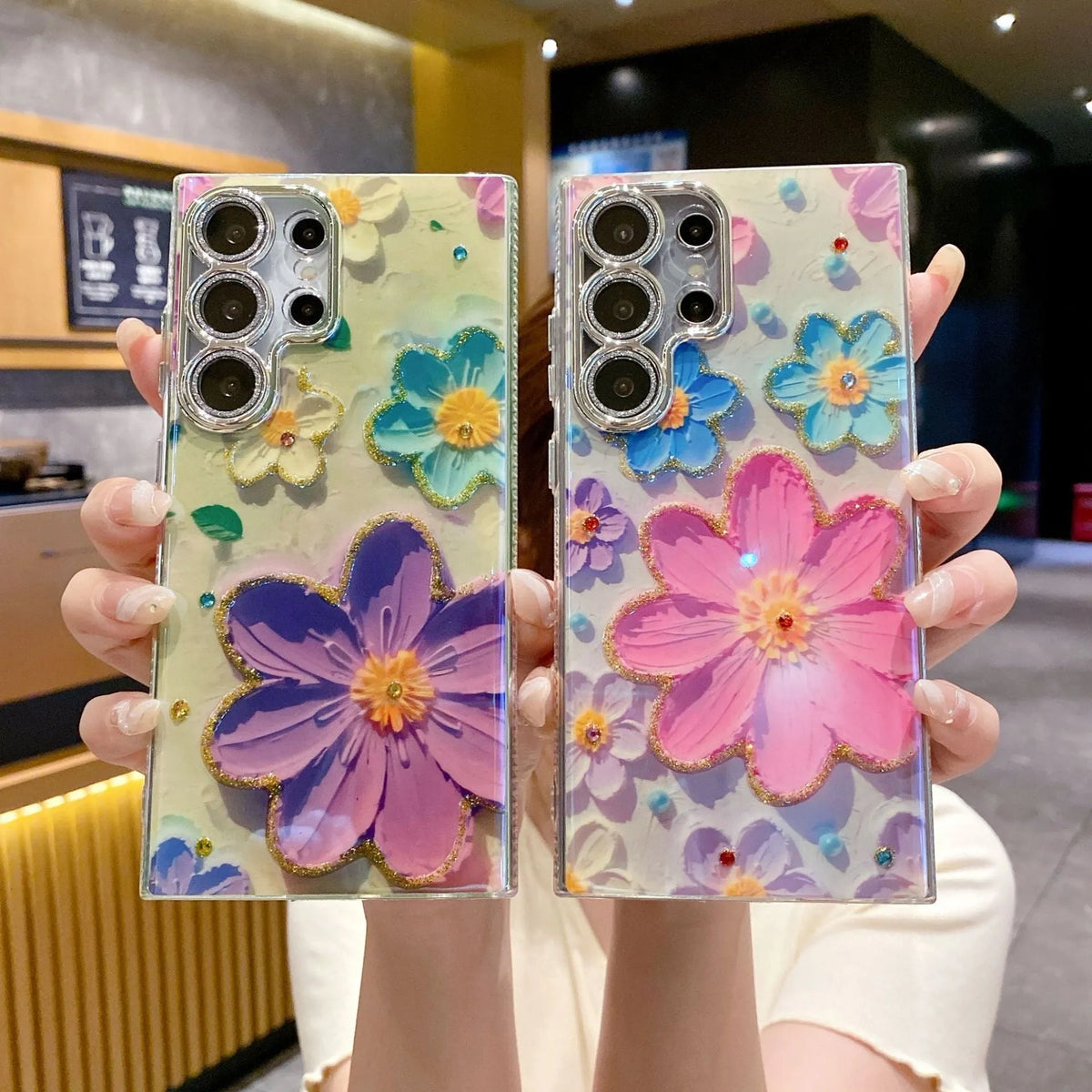 Rhinestone oil painting flower Samsung phone case, TPU acrylic anti-wear back cover with lens fine hole and electroplated finish
