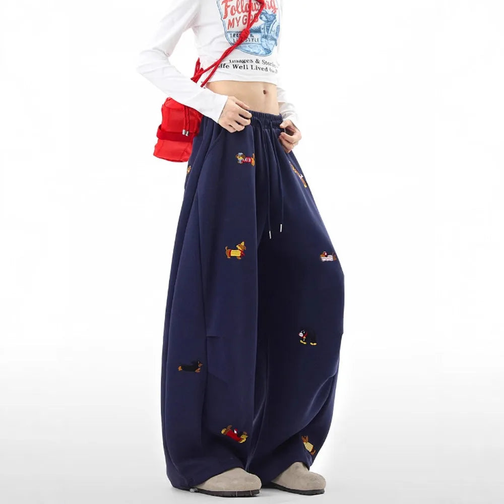 Lazy sausage dog embroidered machete sweatpants in gray, loose fit polyester men's trousers, autumn casual
