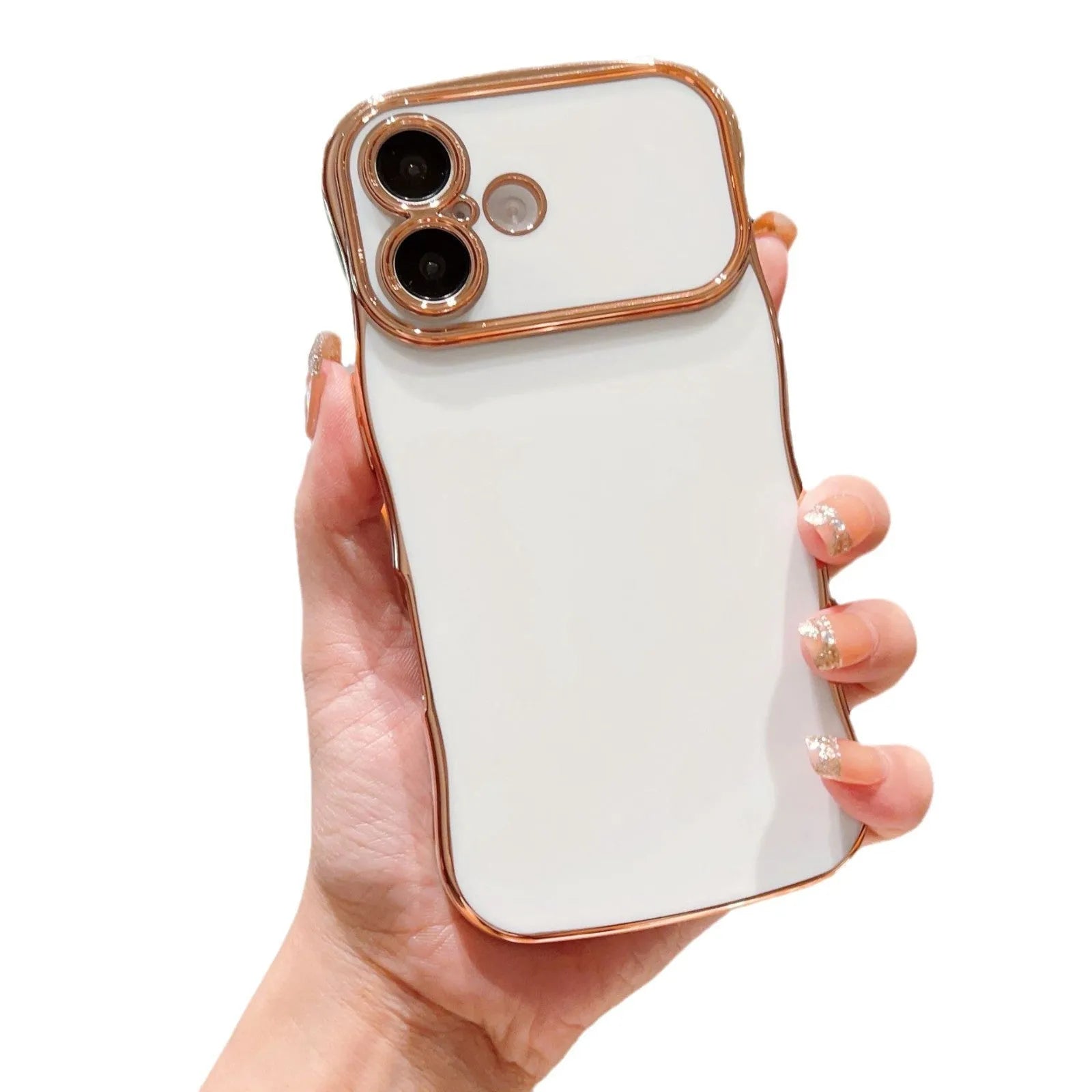 TPU phone case with electroplated wave design and large window, black colour, positioned to show reflective surface