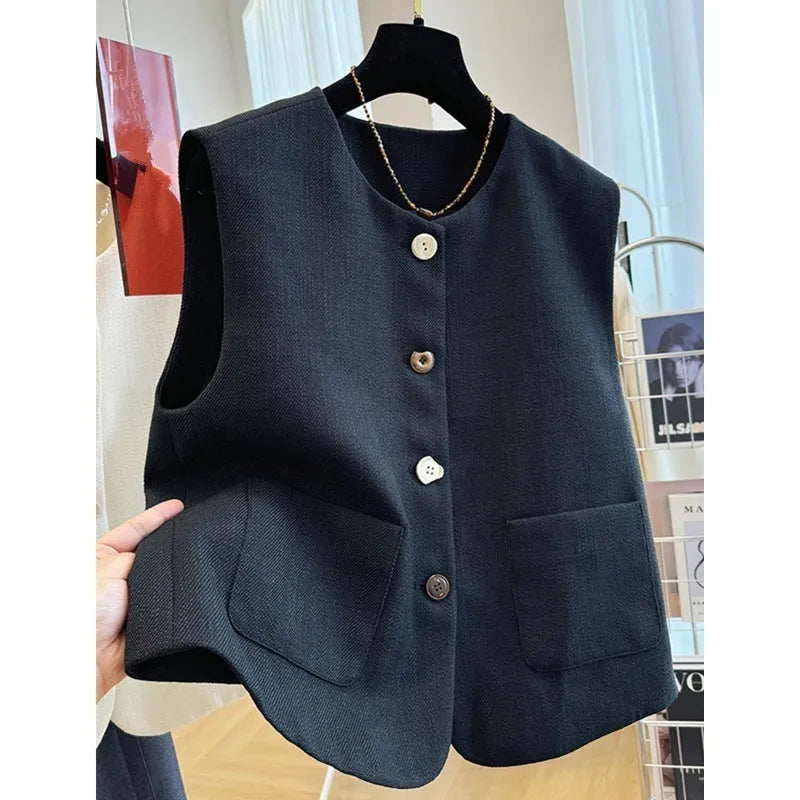 Women's sleeveless round neck vest in black, showing French bandage dress style.