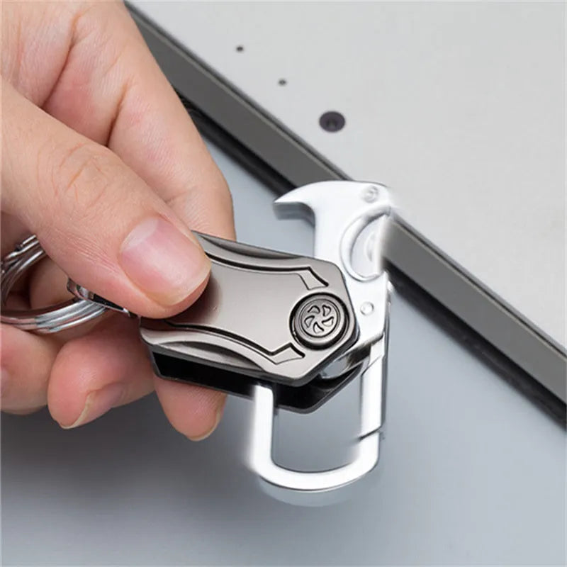 3-in-1 fidget spinner keychain with pocket knife and beer bottle opener in polished chrome-plated alloy