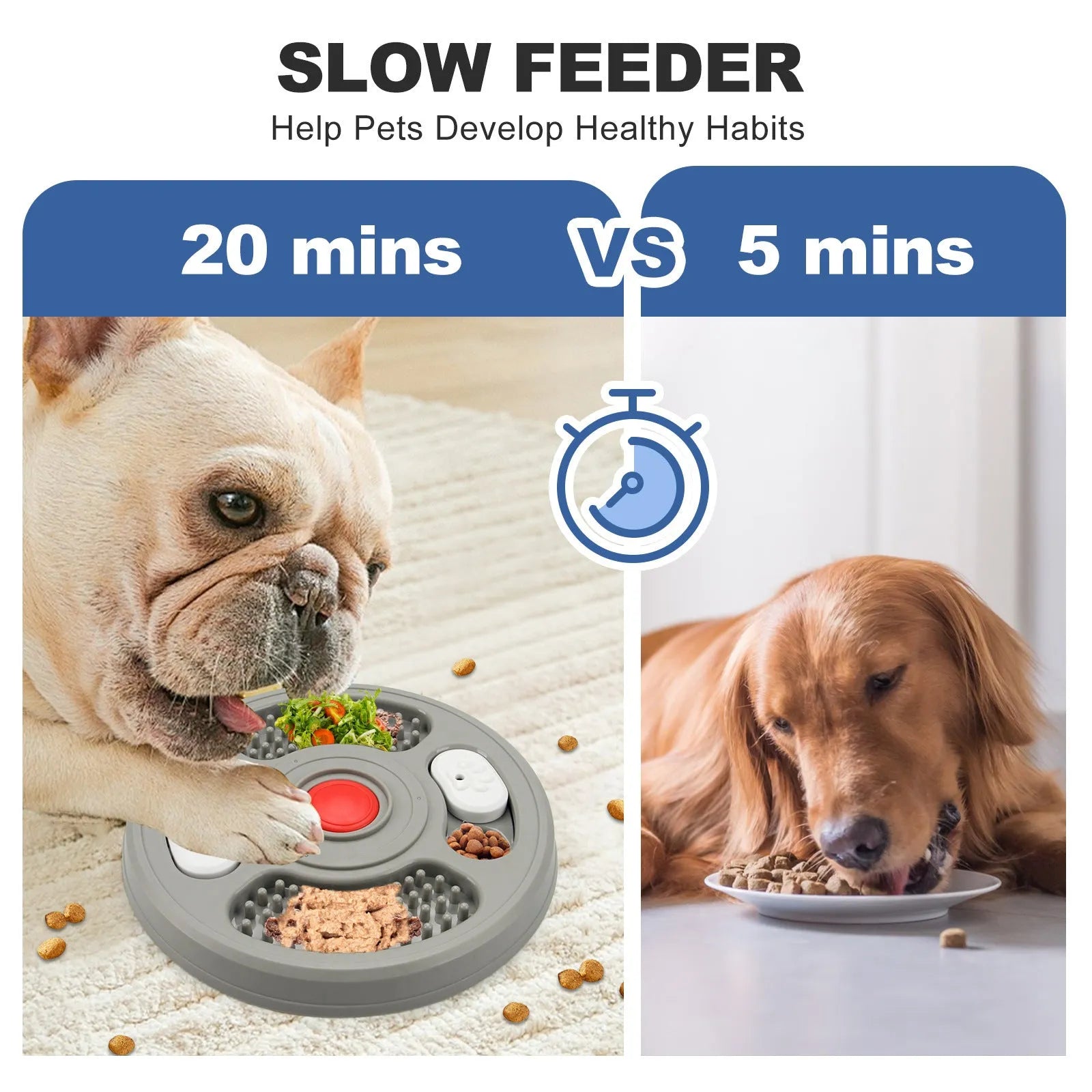 Grey and blue PP plastic dog slow feeder bowl with anti-slip pads