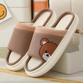 Cartoon bear cotton linen indoor slippers with PVC non-slip sole, shown in orange, pink, silver grey, and light brown