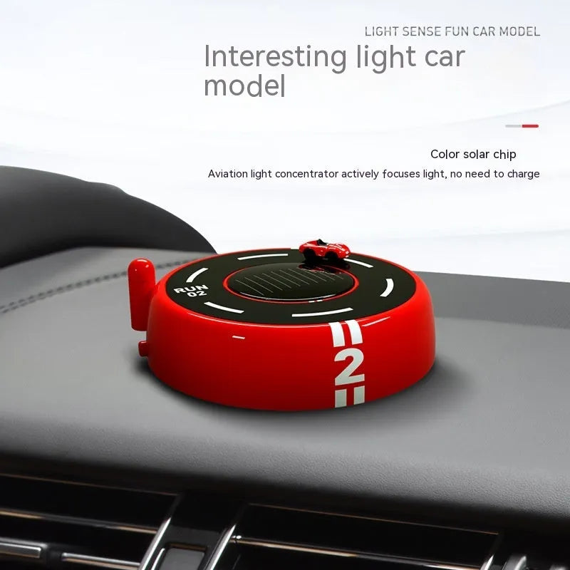 Solar-powered round car-shaped perfume diffuser with USB charging port in black, red, or white