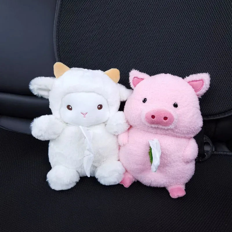 Plush car tissue box with lamb design for vehicle interior decoration and household use
