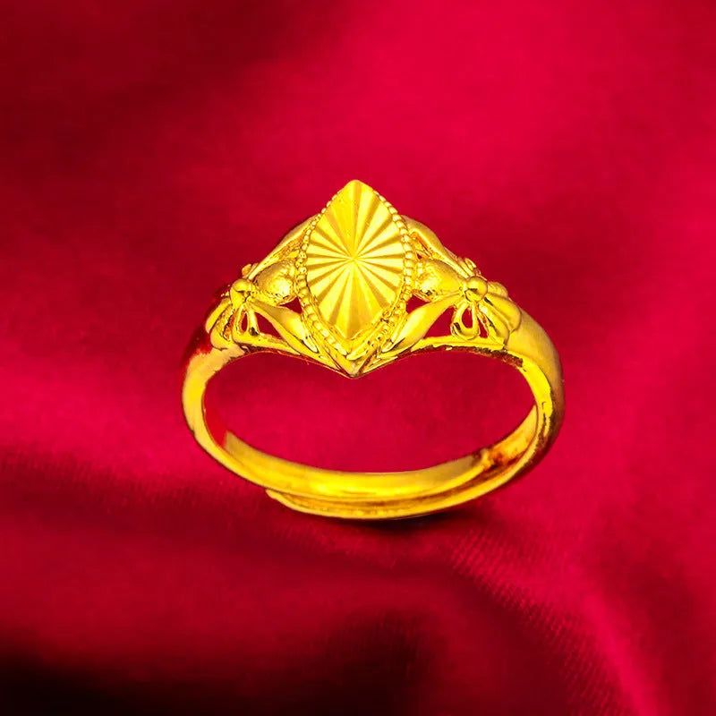 Gold geometric brass ring with open diamond flower pattern and textured surface for women's 20-24cm fingers