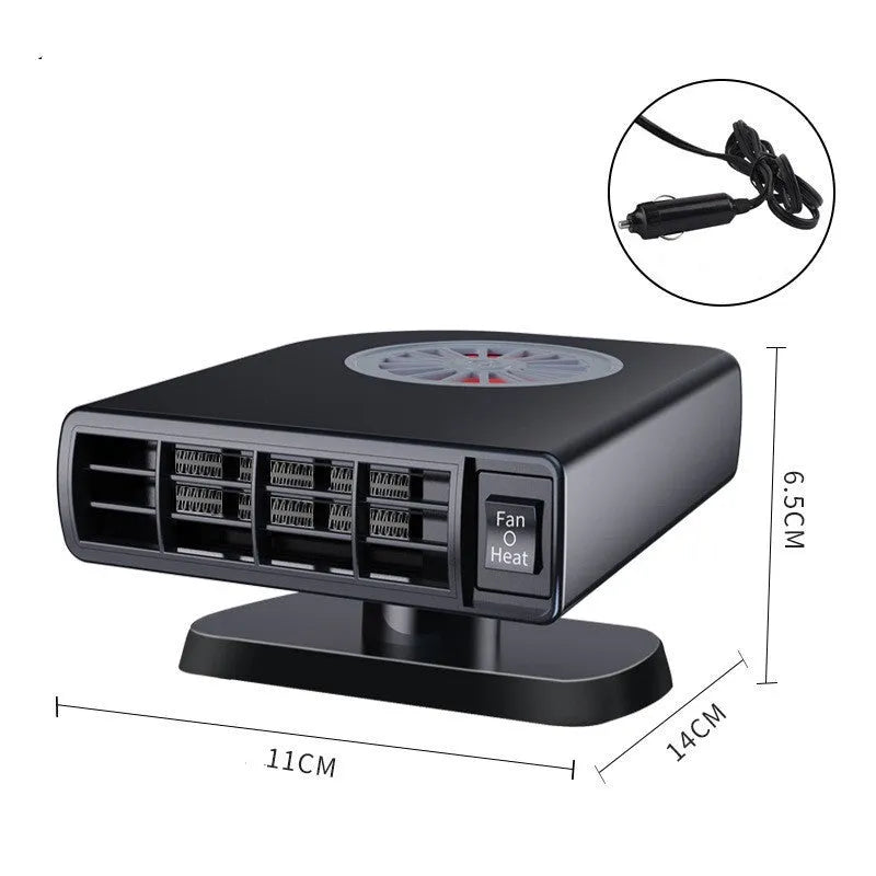Black ABS vehicle-mounted heater measuring 11x6.5x14cm for 12V defrosting defogging and air purification