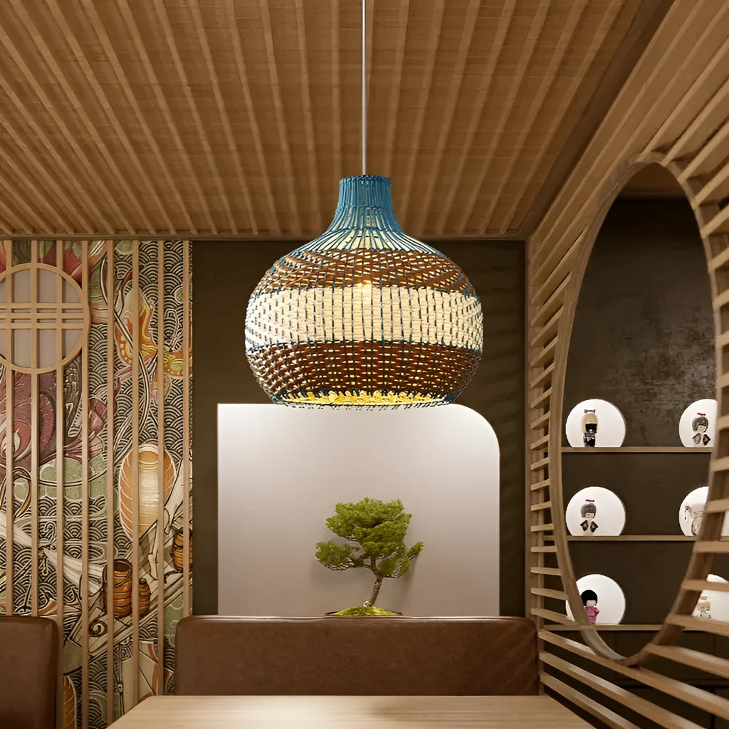 Woven rattan vine pendant lamp with natural texture in a pastoral style.