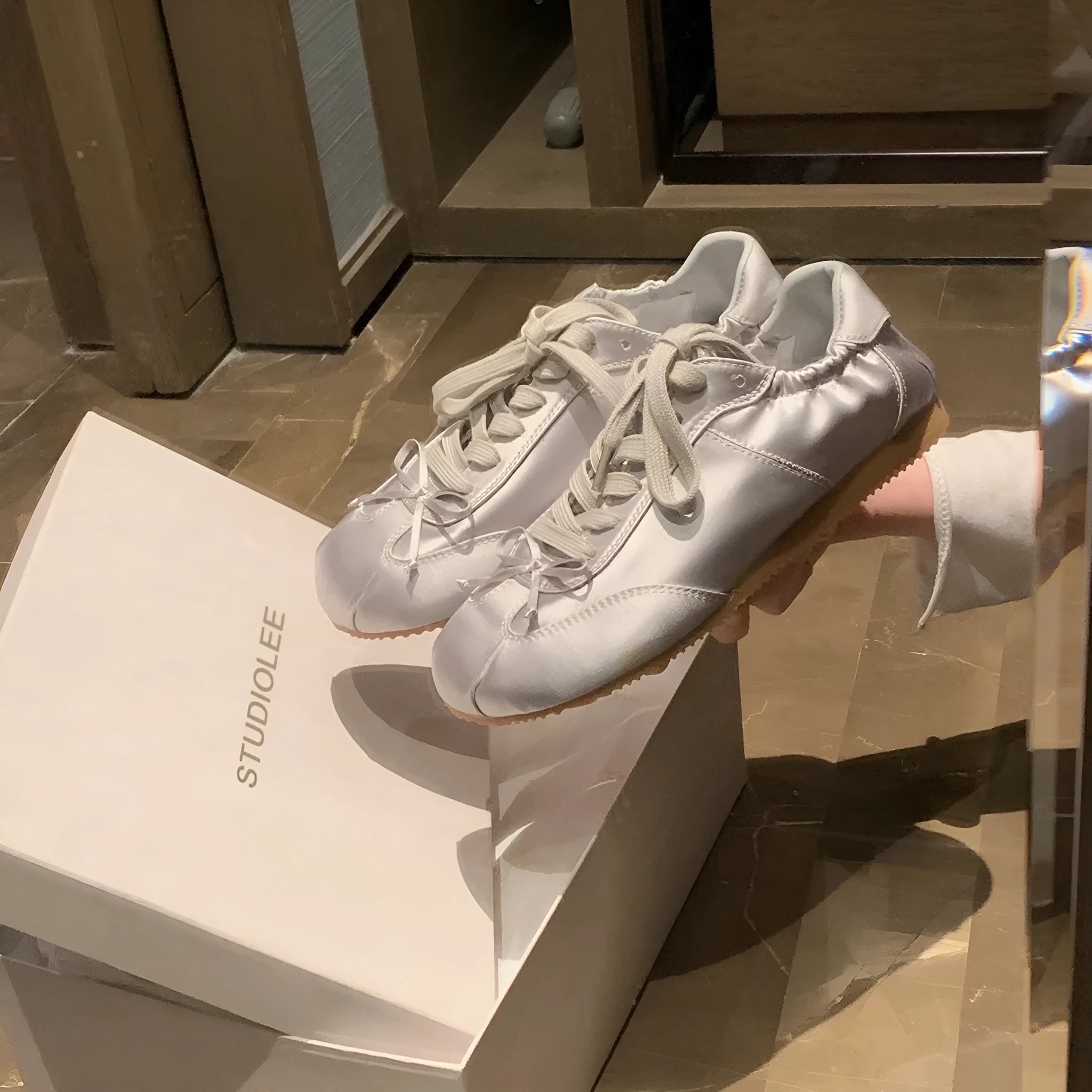 Women's ballet-style satin sports board shoes with round toe and front lace-up fastening in three colour options