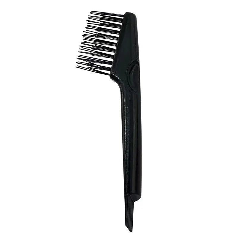 Black comb cleaner tool with double-sided blade and hard plastic body on white background