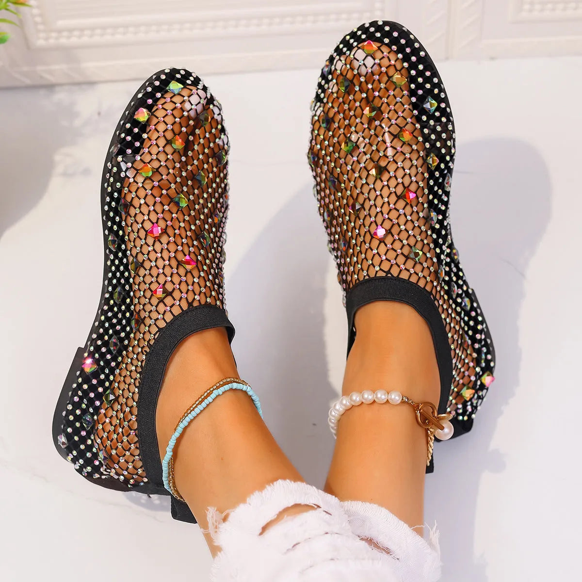 Women's colourful mesh flat sandals with rhinestone decoration and round toe