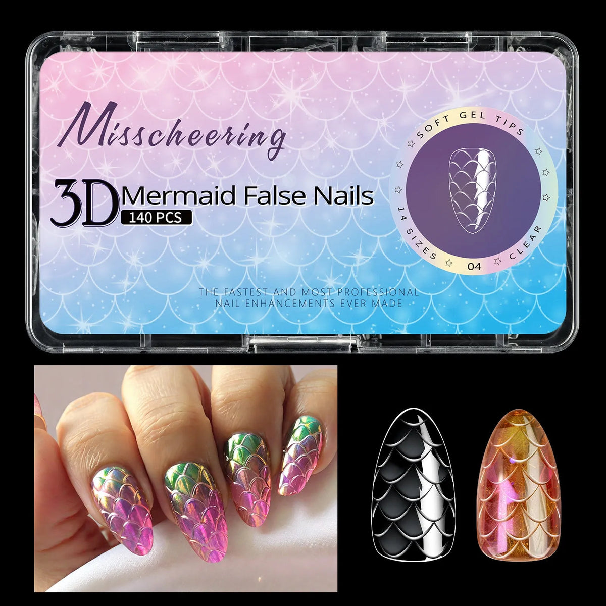 Pack of 3D scale texture long artificial nail tips with deep C-Cut, shown in Frigate Box colour options.