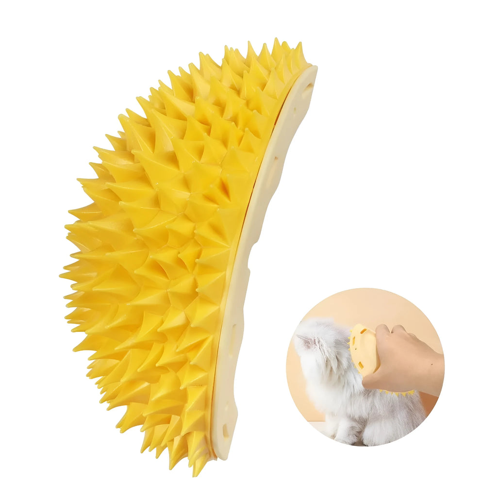 Yellow durian-shaped cat corner scratcher with massage comb for wall mounting