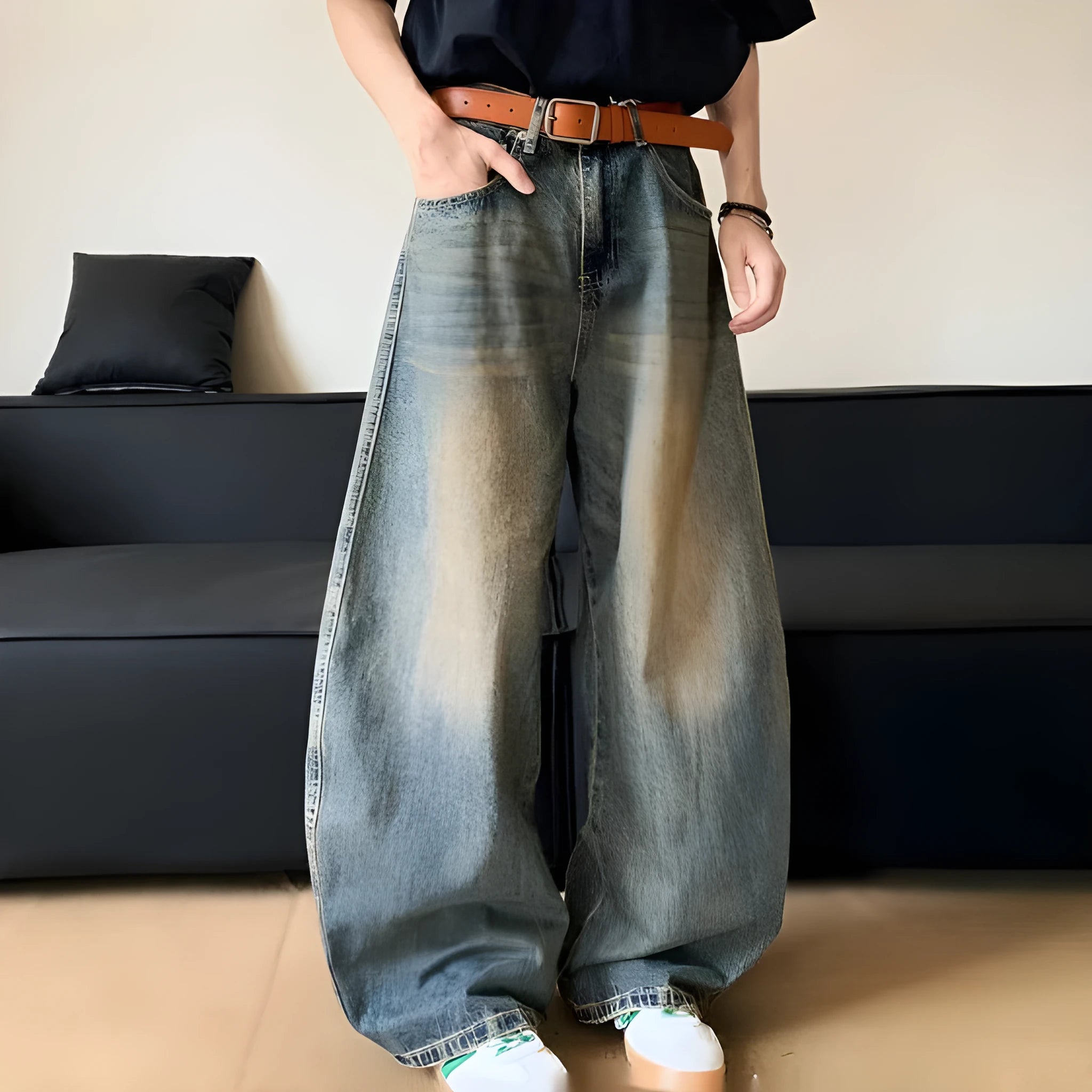 Men's retro blue distressed wide-leg jeans with micro-elastic cotton blend fabric showing distressed detailing