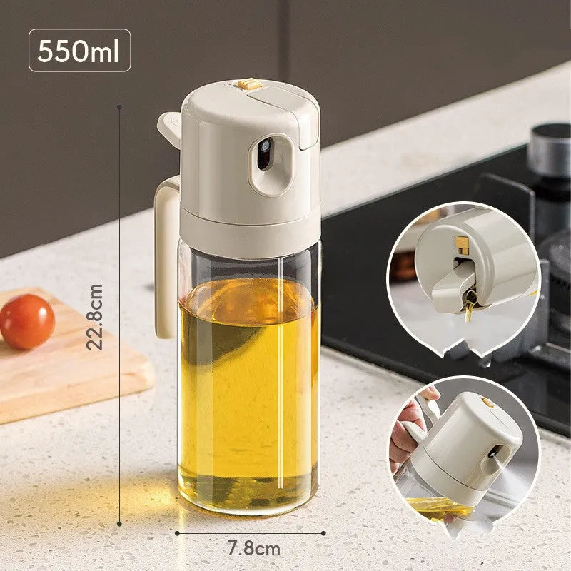 2-in-1 oil sprayer bottle with automatic opening and dual spray pour modes, 550ml soda-lime glass, in warm gray