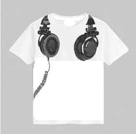 Children's short-sleeved T-shirt with earplugs pattern in white, 90% cotton, round neck, sizes 90-130cm