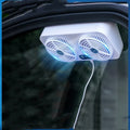 Solar car exhaust fan in black or white ABS with USB power, 1.5W motor, three-outlet or double-outlet design.