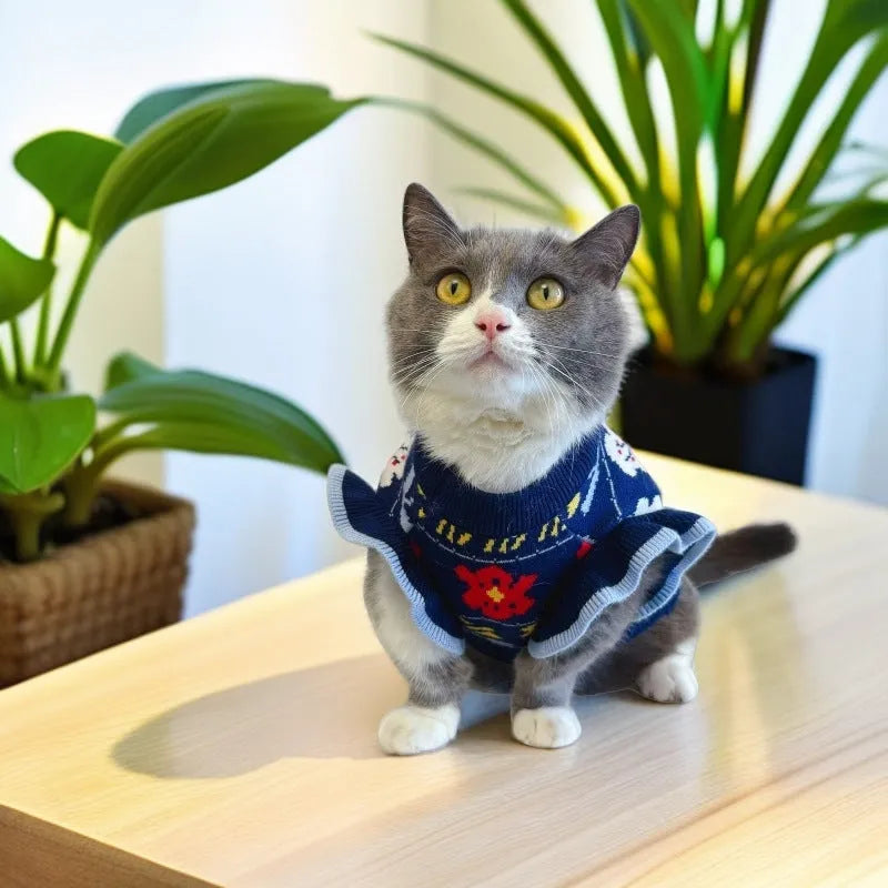 Dark blue wool pet jumper for small and medium dogs and cats, casual style, sizes XS to XXL