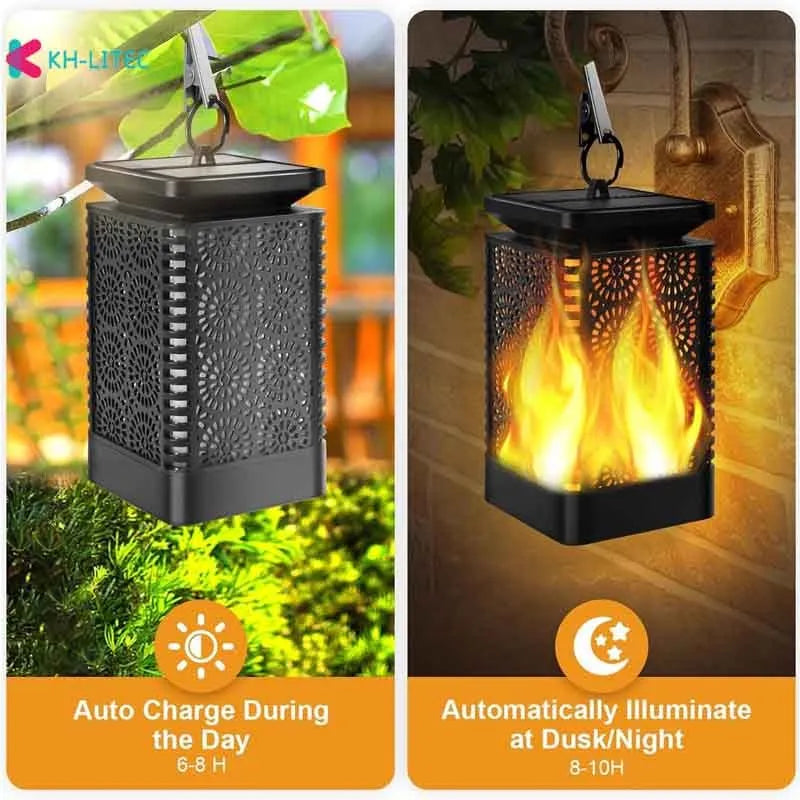 Black solar hanging flame torch light with LED flickering effect for outdoor garden decoration