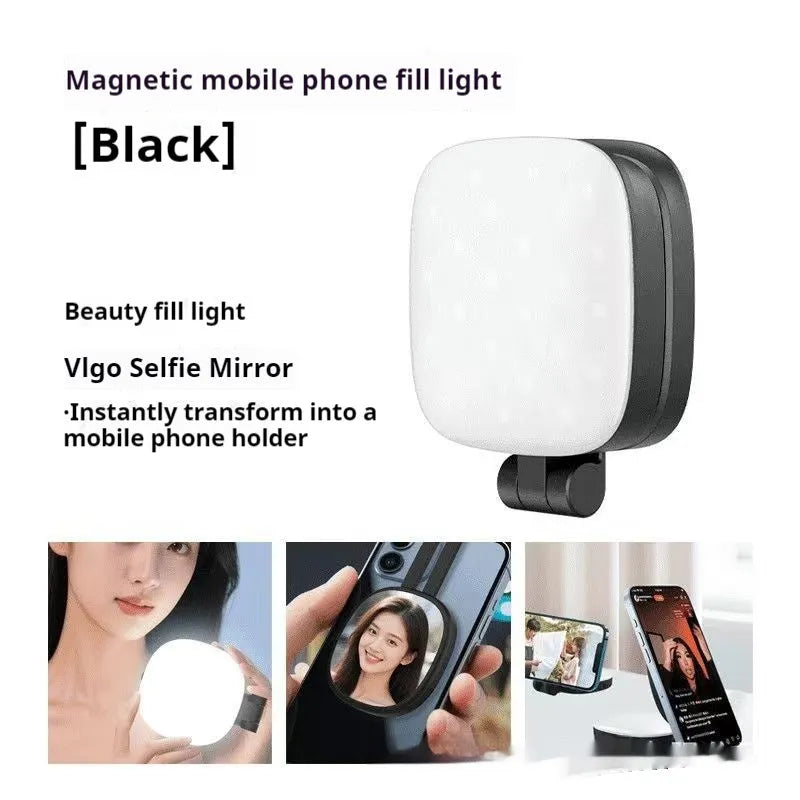 Black and white handheld magnetic phone selfie fill light with adjustable colour temperature settings.