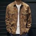 Men's long sleeve lapel casual shirt in navy blue or brown polyester with stripe or plaid pattern