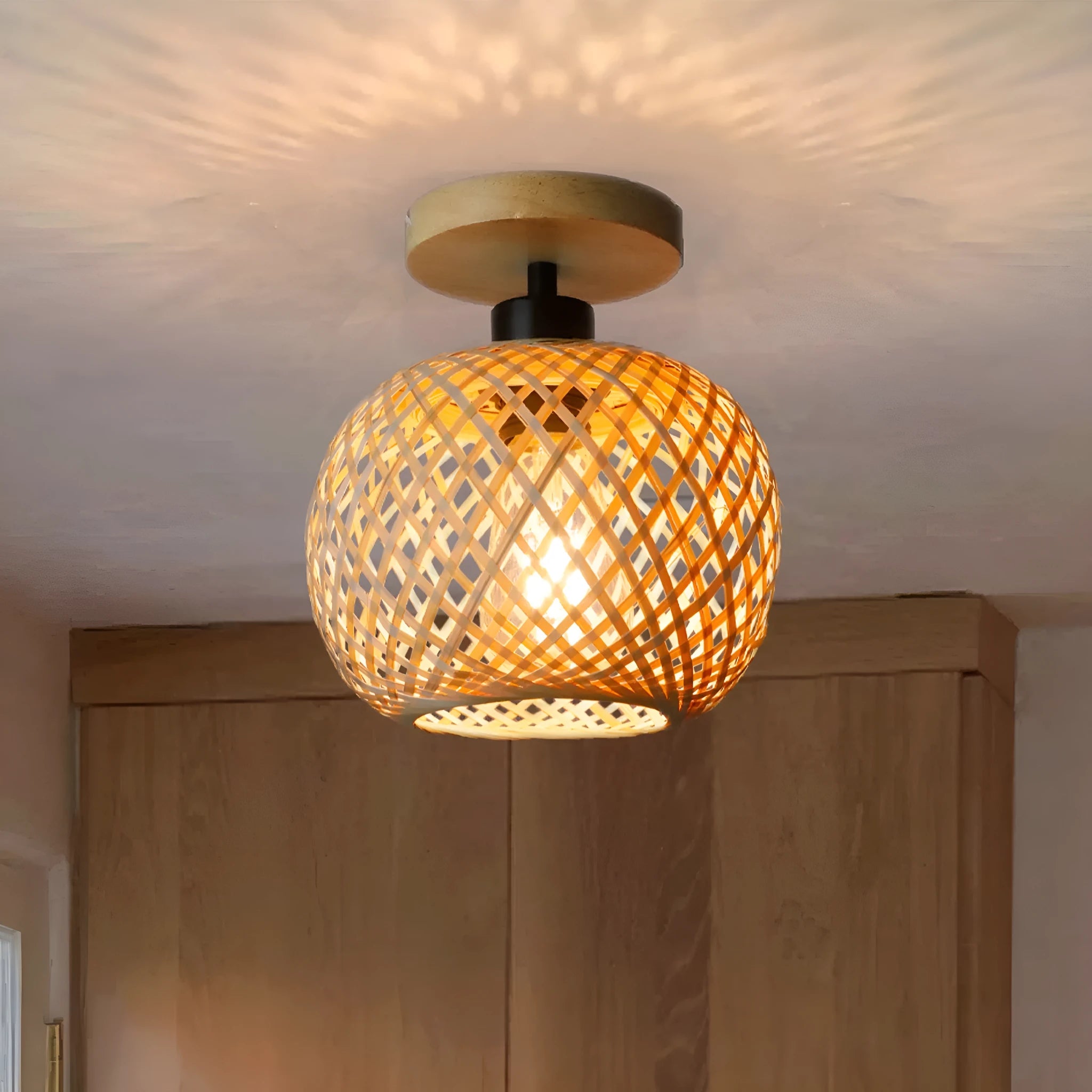Japanese-style bamboo ceiling lamp with rattan shade in natural wood colour for corridor lighting