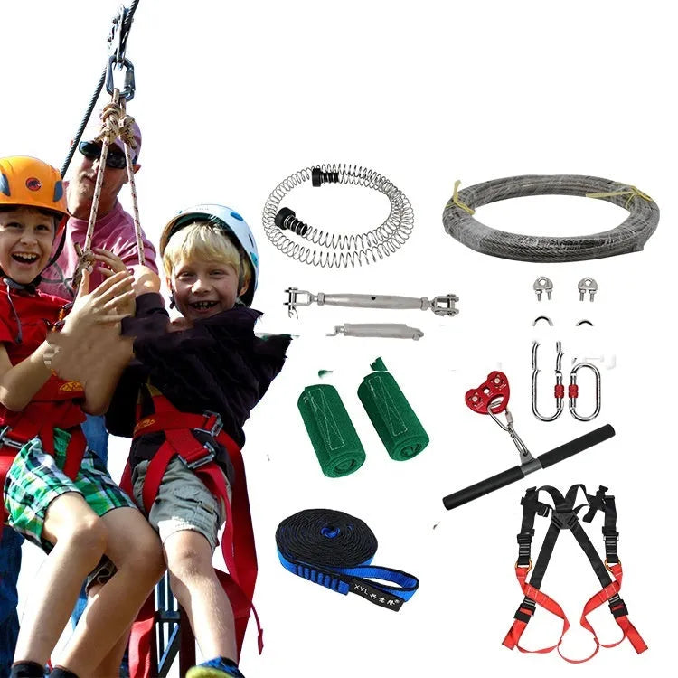 Children's outdoor pulley slide rope set with safety retractor, alloy steel pulleys, and 10-metre length