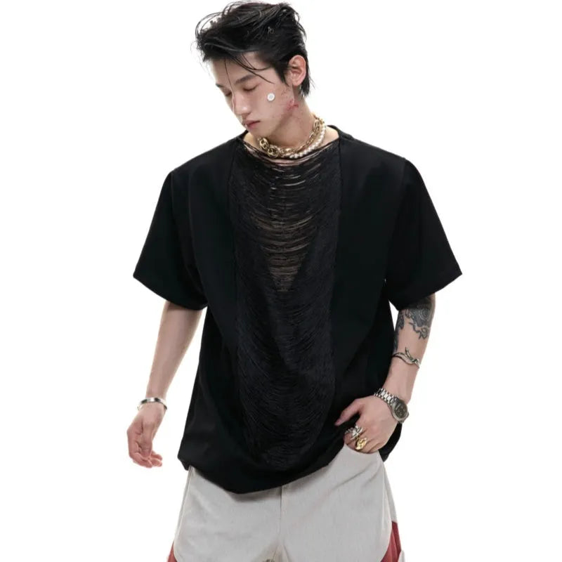 Men's black loose fit t-shirt with hollow out V-neck collar and short sleeves