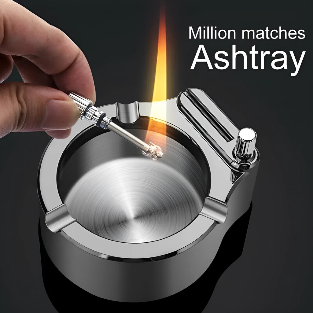 Large stainless steel ashtray with permanent match lighter and three cigarette slots in blue colour