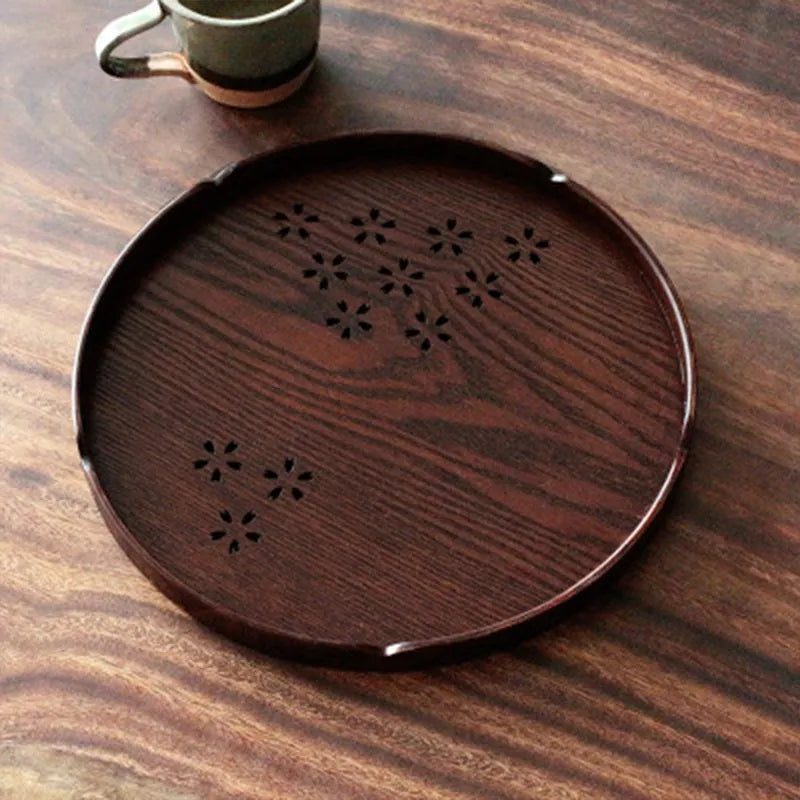 Wooden serving plate with 12 compartments and cherry blossom design measuring 30cm diameter