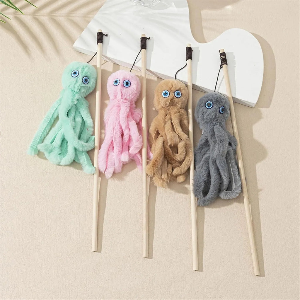 Indoor octopus cat toy with long stick for kittens and adult cats in four colour options