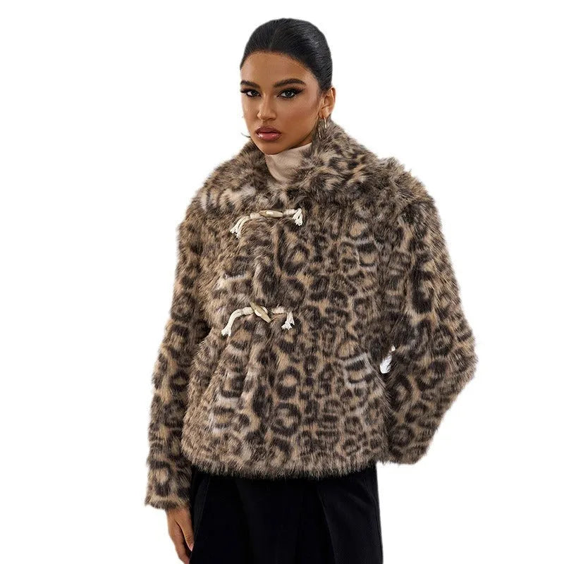 Women's leopard print coat with buckle lapel closure in street fashion style