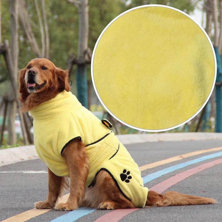 Yellow coral fleece embroidered pet pajamas worn by a small dog, soft absorbent fabric bathrobe style
