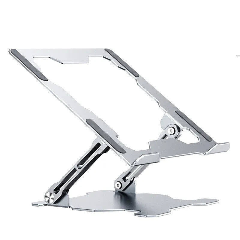Grey adjustable aluminium laptop stand in open and folded positions on a wooden desk.