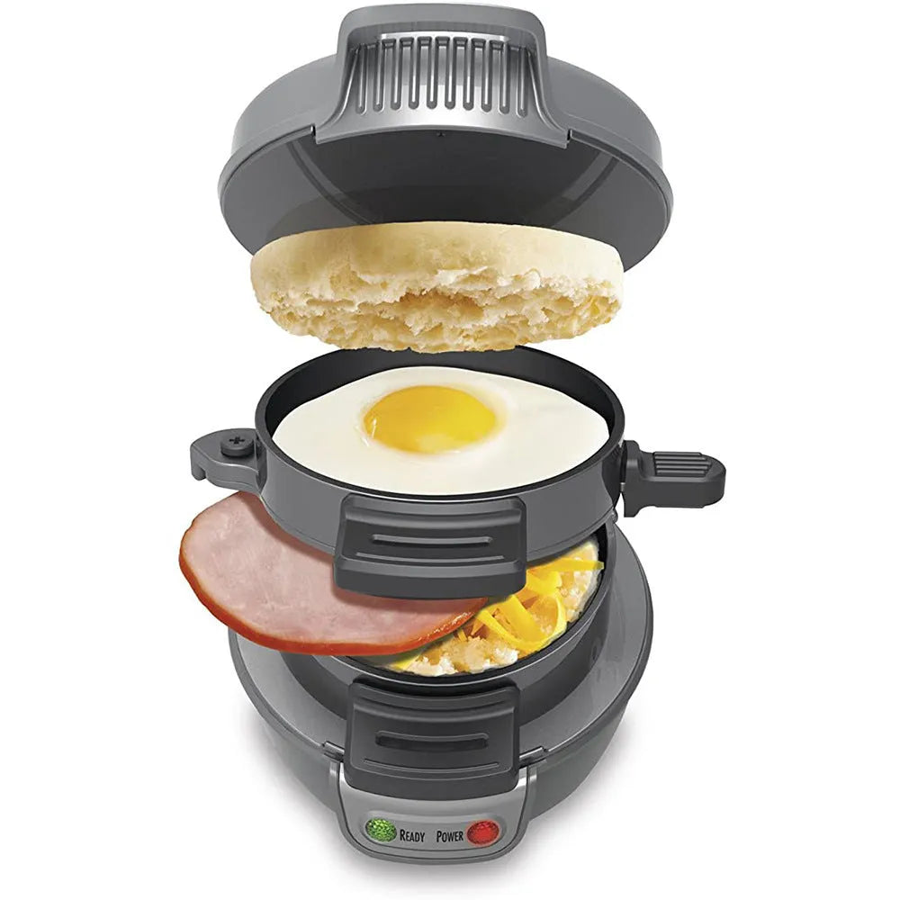 Household breakfast machine with sandwich maker and egg cooker functions in bright red colour