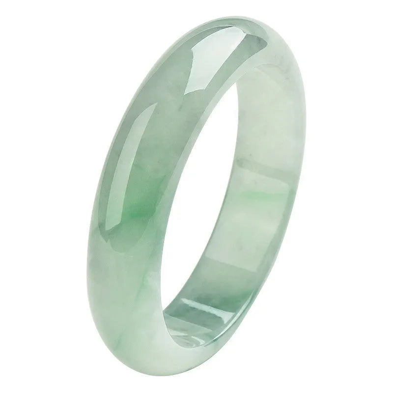 Light green jade bead bracelet showing natural stone texture with sizing options from 53mm to 64mm
