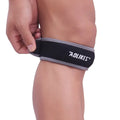 Black and grey patella retinaculum knee support for running and sports protection.