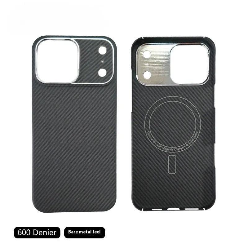 Black aramid fiber magnetic phone case for iPhone 17 Pro Max with lattice pattern and 6D micro relief texture