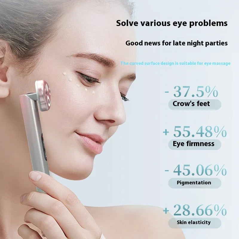Gradient pink inductive micro-current eye massager with vibration settings and colour light.
