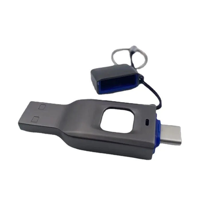 Black metal fingerprint encrypted USB flash drive with USB 3.0 and USB-C connectors.