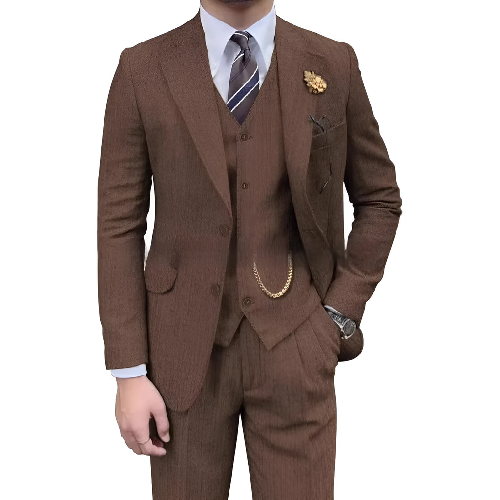 Men's wool slim fit three-piece set with jacket, vest, and trousers in light business style