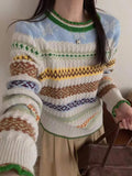 Women's loose jacquard knitted sweater pullover with retro art splicing in polyester cashmere blend