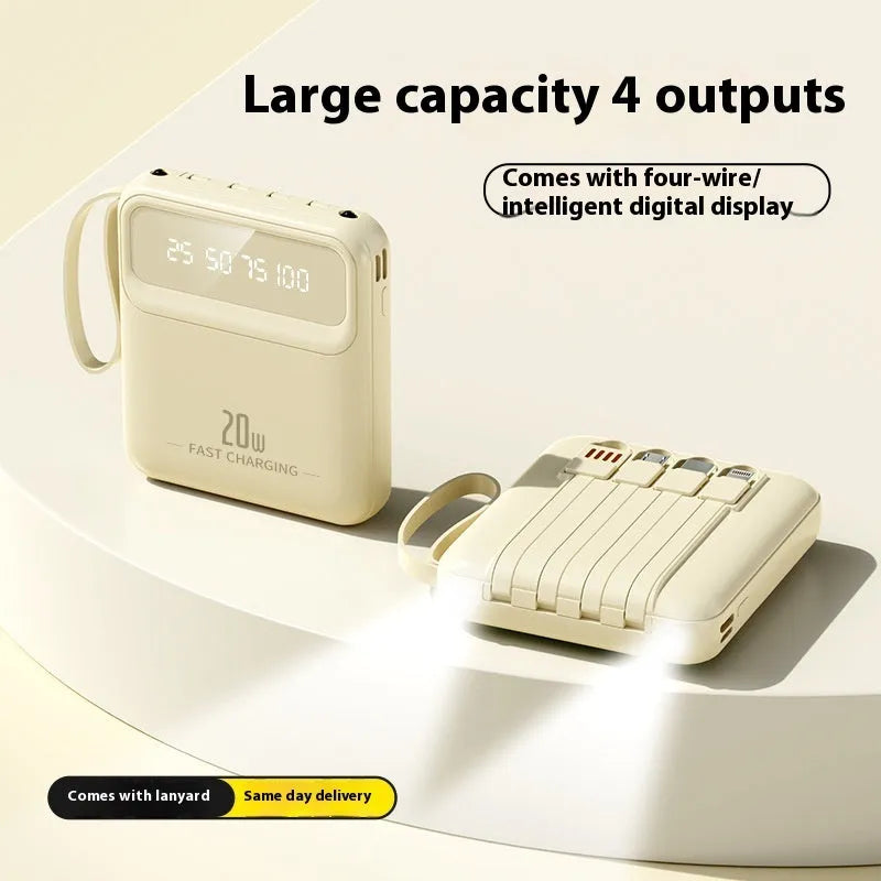 Power bank with four built-in lines and digital display, 89x79x27mm, in black, beige, blue, purple, green, or rose red