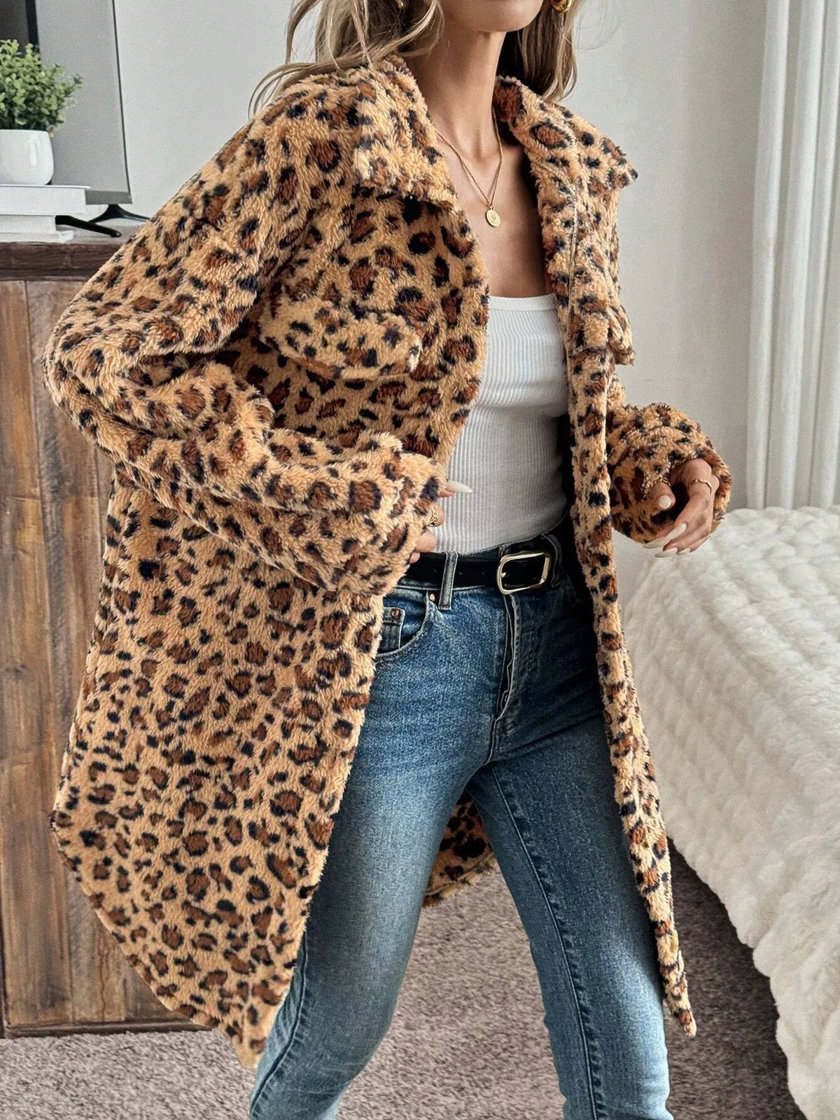 Women's double-sided plush cardigan long coat in dark brown animal pattern, long sleeves, sizes S-XL.