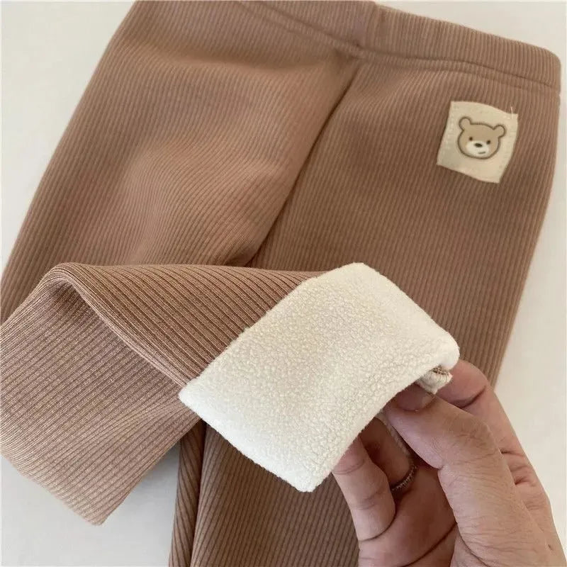 Girls' Korean style fleece-lined leggings in high waist design with elastic band