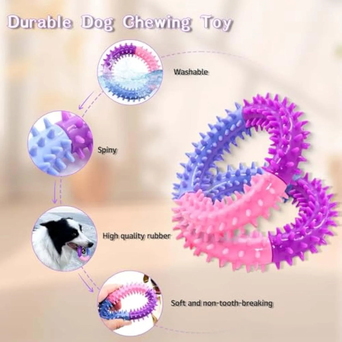Rubber ring dog chew toy, 10cm, 32g, for puppy teething and interactive training, blue pink purple or red yellow blue
