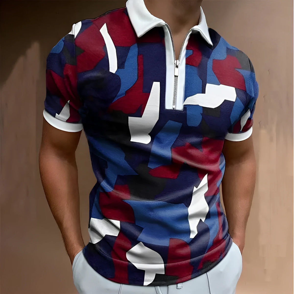 Men's solid polo shirt short-sleeved striped stand-up collar loose fit summer top in multiple colours