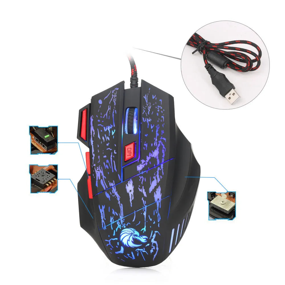 Black gaming mouse with colourful luminous lighting effects and USB cable