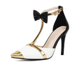 Women's purple and white plus size closed toe high heel sandals with buckle strap.